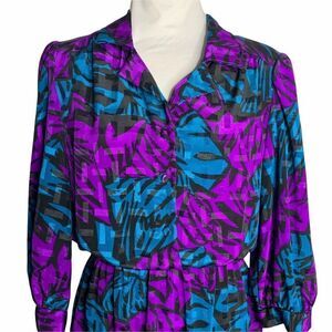 Vintage Midi Button Up Shirt Dress Purple Teal M